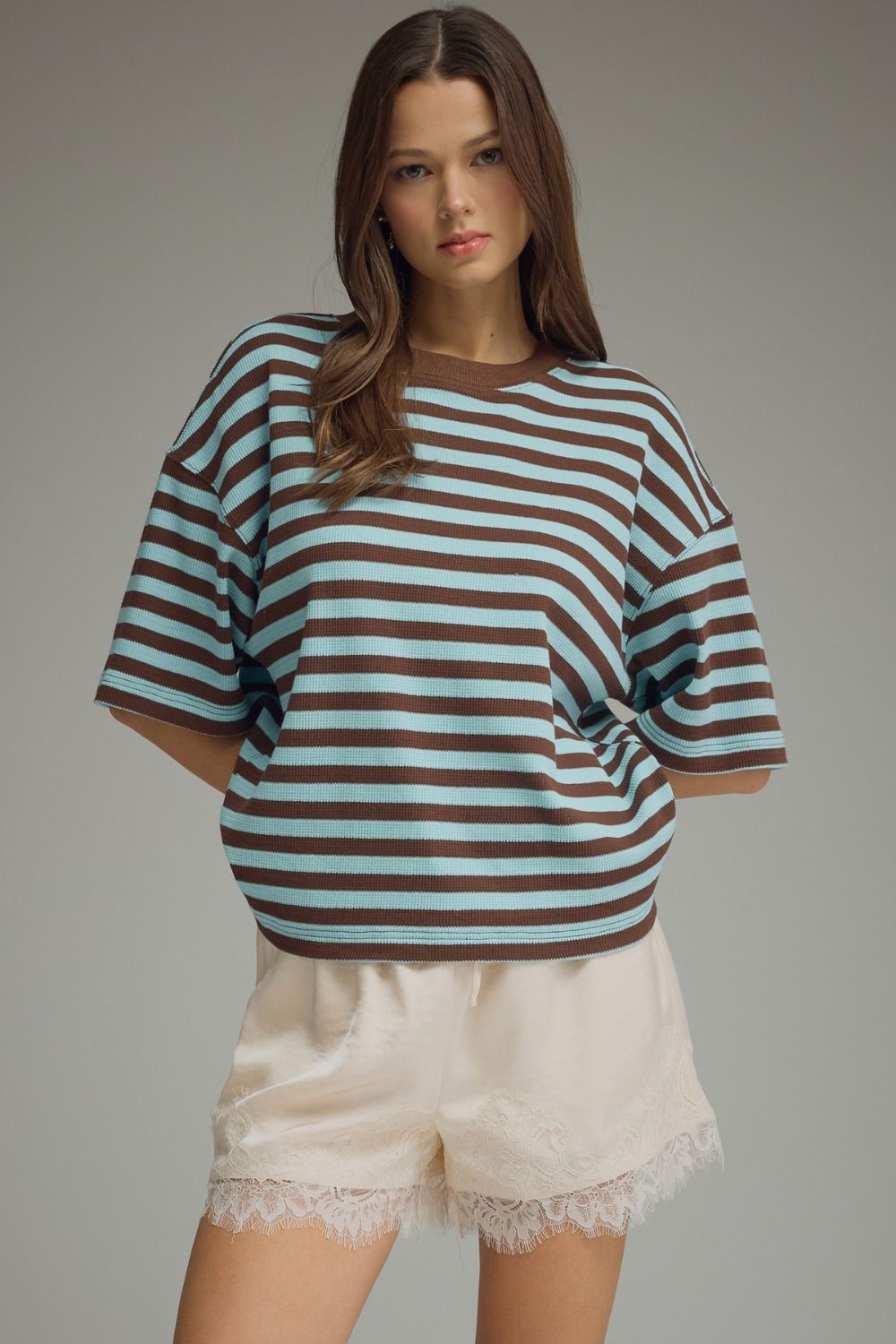 WAFFLE PRINT BLUE + BROWN STRIPE TOP
