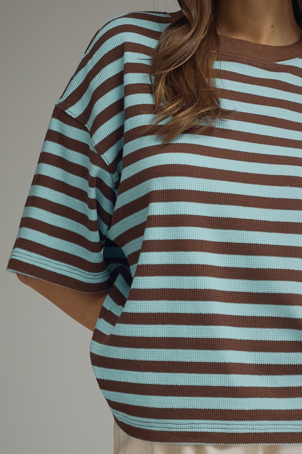 WAFFLE PRINT BLUE + BROWN STRIPE TOP