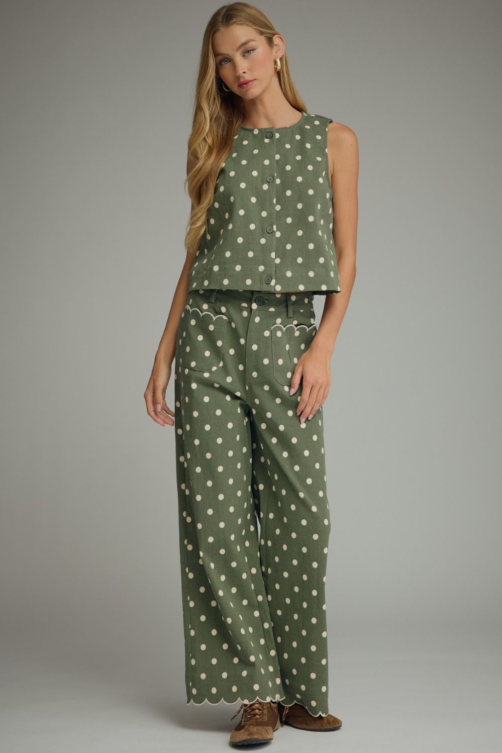 Olive polka dot pants and sleeveless top set