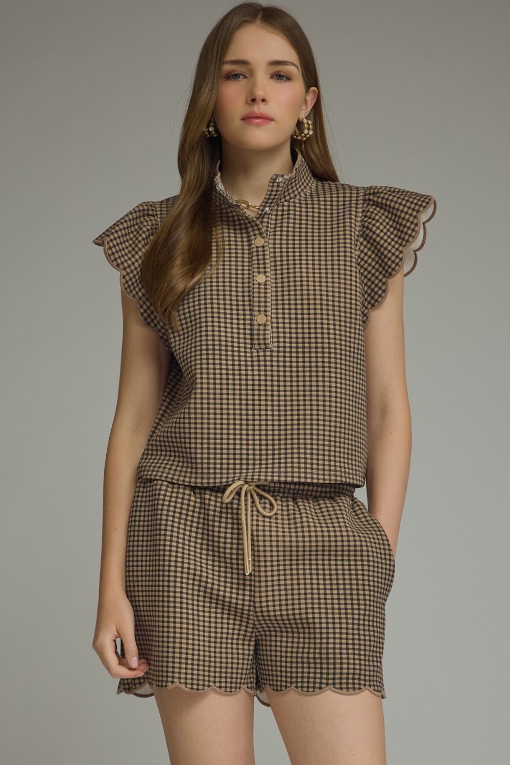 Black and Tan Gingham Ruffle Shirt and Shorts Set With Scallop Detailing