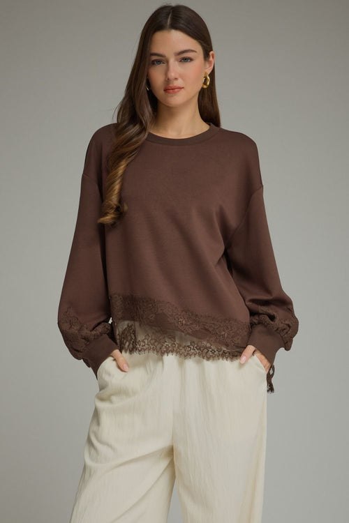 Brown Lace Trim Balloon Long Sleeve Top