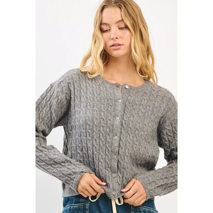 Grey Cable Knit Crew Neck Button Down Cardigan