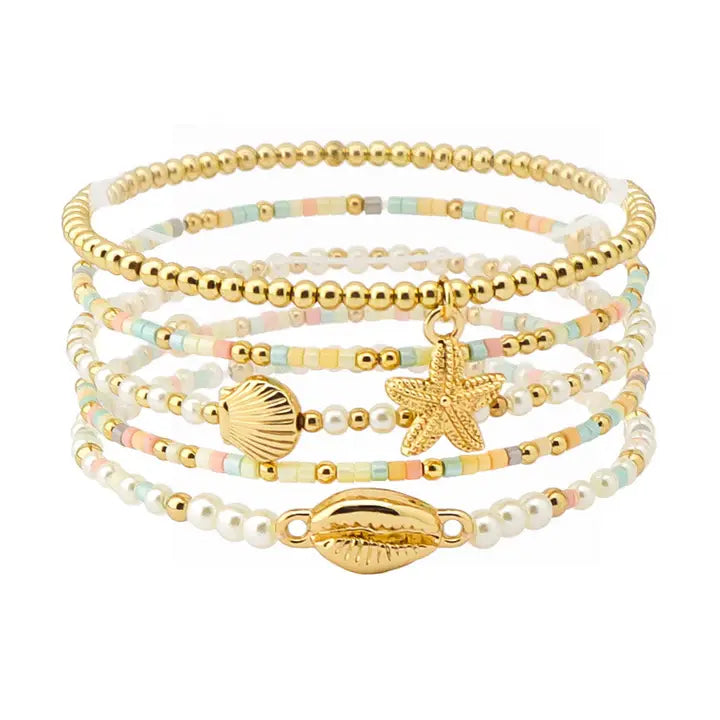 Set of 5 Gold and Multi Seed Bead with Gold Sealife Accents Stretch Bracelet