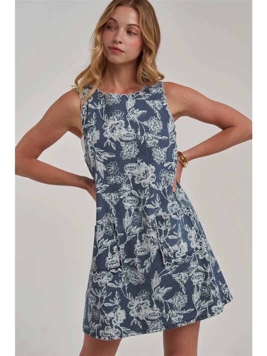 Denim Mini Dress with Scalloped Embroidery Detail