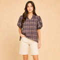 Plaid Puff Sleeve Ruffle Neck Blouse