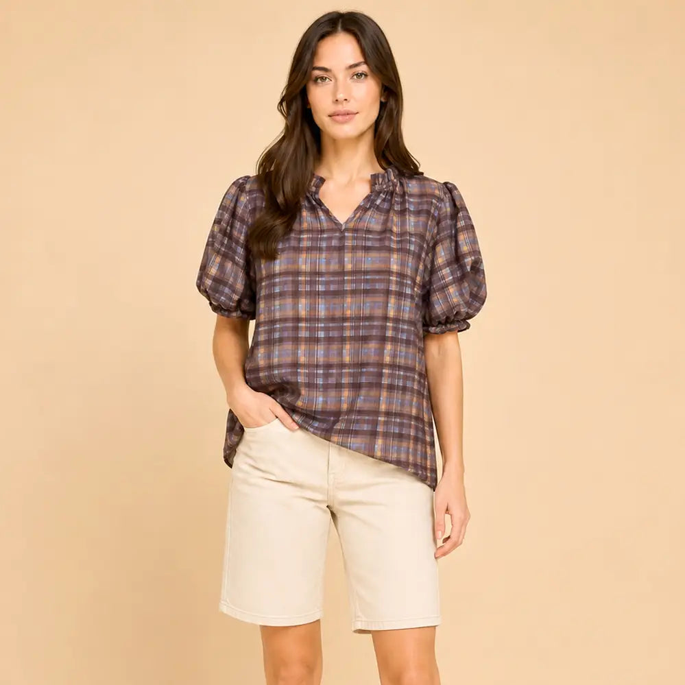 Plaid Puff Sleeve Ruffle Neck Blouse