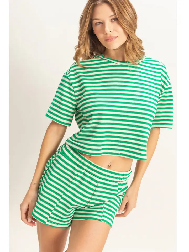 Green Striped Crew Neck Short Set