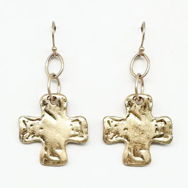 Worn Gold Hammered 1.5" Cross Earrings
