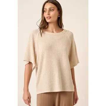 Oatmeal Waffle Knit Raglan Short Sleeve Top
