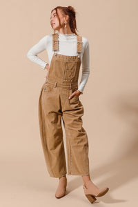 Slouchy Washed Twill Barrel Denim Overalls in taupe