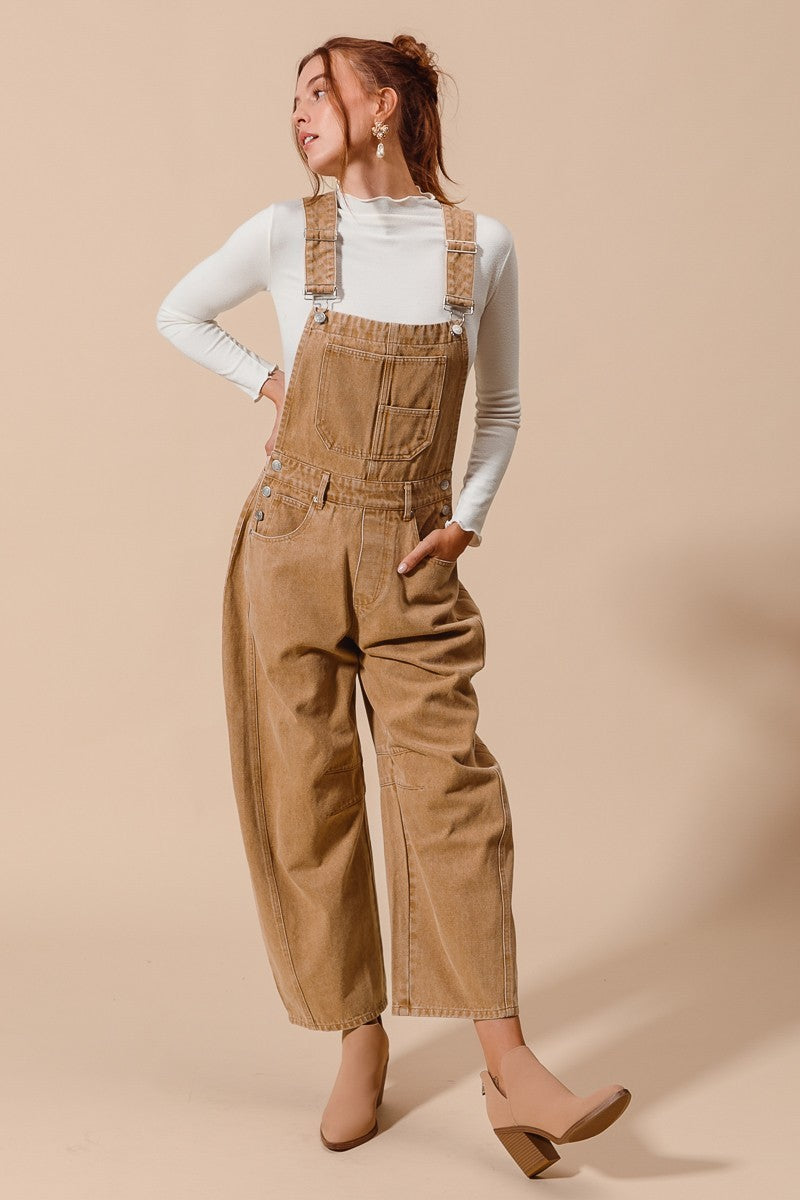 Slouchy Washed Twill Barrel Denim Overalls in taupe
