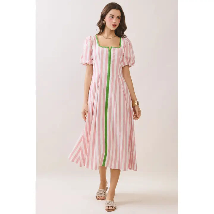 Pink Striped Contrast Square Neck Dress