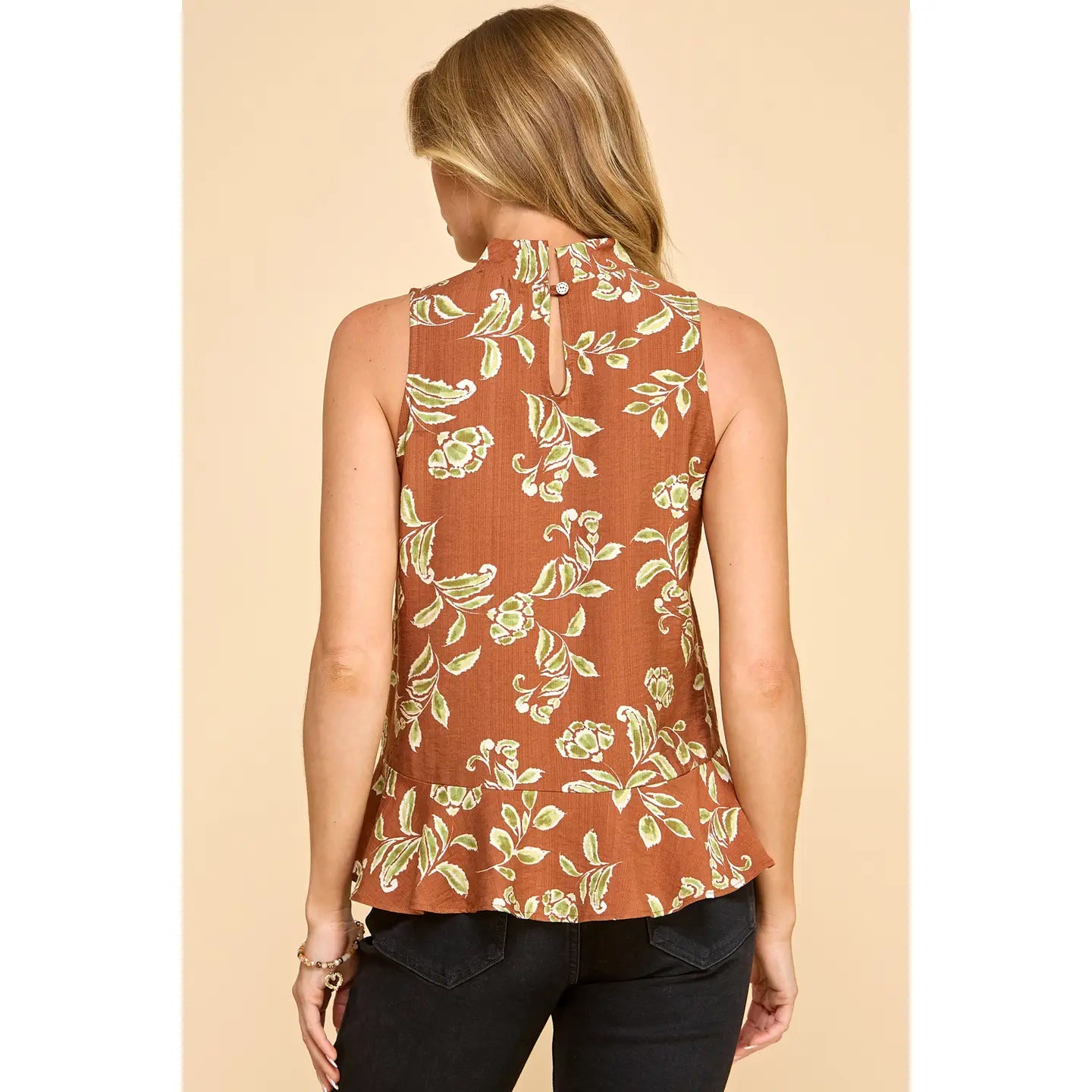 Brown Printed Top with Back Button Detail