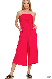 DOUBLE LAYERED TUBE TOP JUMPSUIT IN RUBY RED