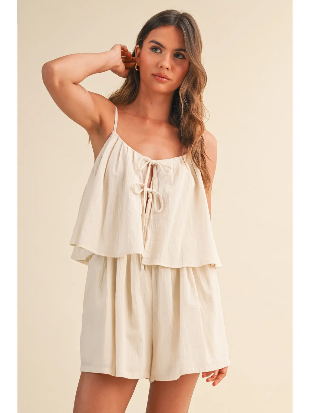 Cream Front Tie Flowy Romper