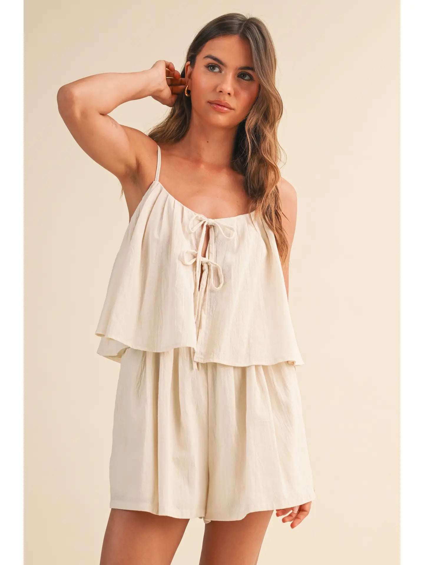 Cream Front Tie Flowy Romper