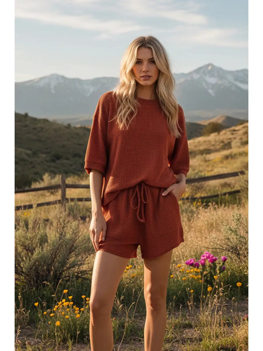 Ribbed Round Neck Top and Shorts Set in Rust