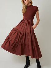 Load image into Gallery viewer, Mock Neck Short Sleeve Knit &amp; Woven Mix Tiered Midi Dress in Rust

