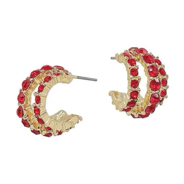 Three Row Red Rhinestone .75" Hoop Earring