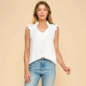 WHITE V NECK TOP WITH RUFFLE SLEEVES