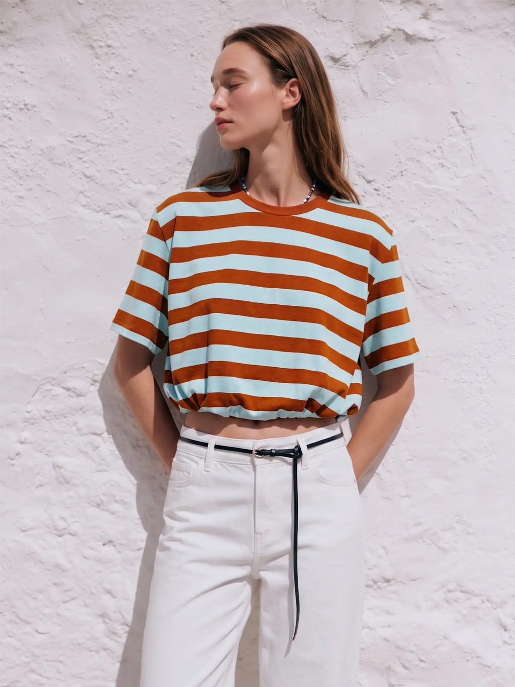 CAMEL MINT CROPPED STRIPE BUBBLE TOP