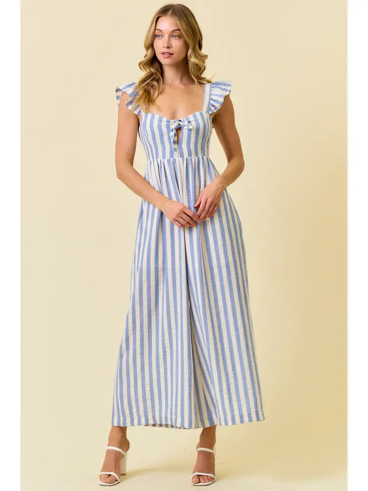 Blue Stripe Cotton Gauze Wide Leg Culotte Jumpsuit