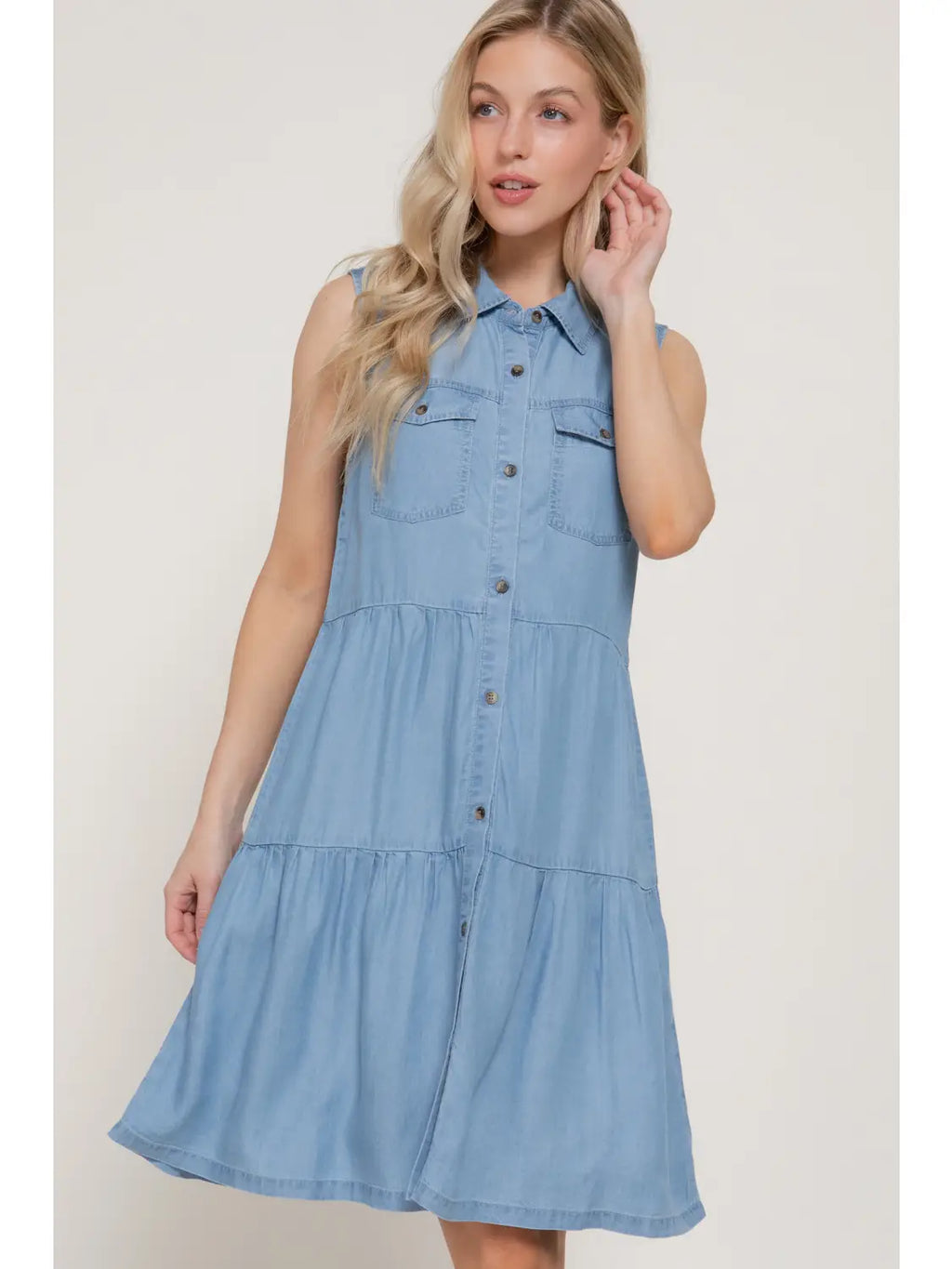 Light Denim Sleeveless Pocket Detail Button Down Dress