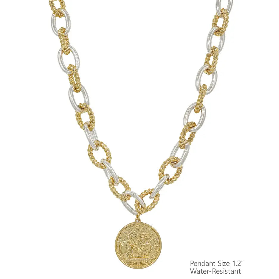 WATER RESISTANT CHUNKY CHAIN STAMPED GOLD AND SILVER COIN 16-18" NECKLACE