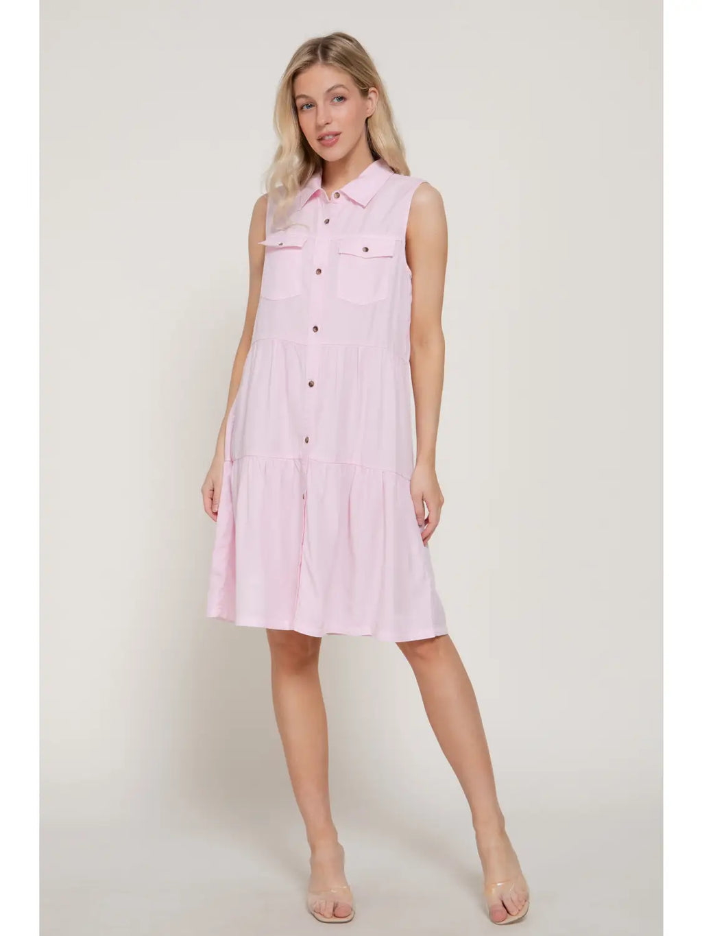 Pink Sleeveless Pocket Detail Button Down Dress