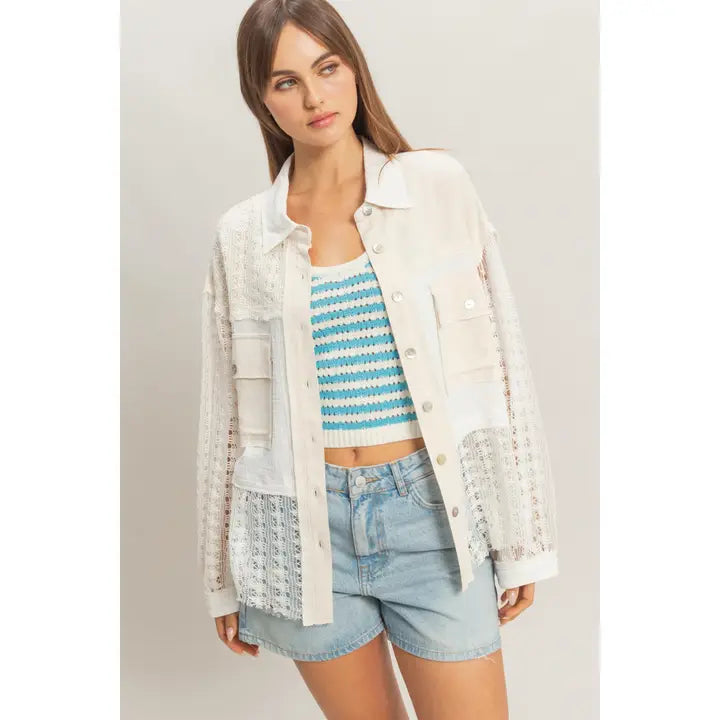 Oatmeal Lace Panel Button-Up Shirt
