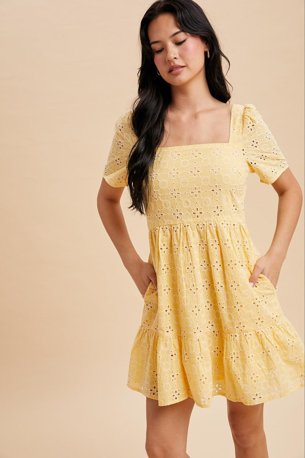 Sunwashed Lemon Eyelet Embroidered Shift Mini Dress