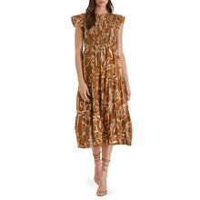 Load image into Gallery viewer, Brown Print Short Sleeve Floral Smocked Tiered Midi Dress
