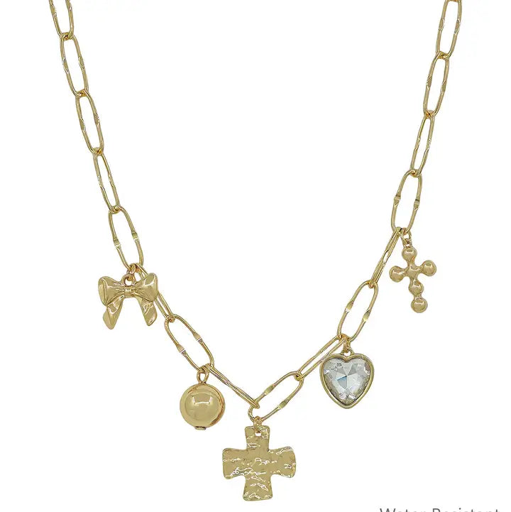 Water Resistant Open Chain with Bow, Cross, and Heart Charms 16"-18" Necklace