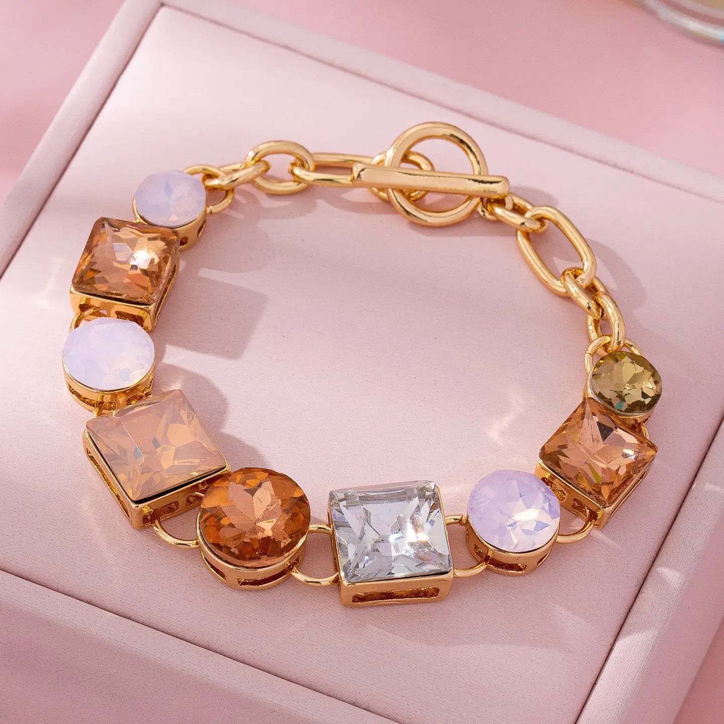 Pastel Multi-Crystal Gold Link Toggle Bracelet