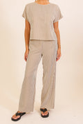 Brown and Taupe Striped Textured Top & Wide Leg Pant Set