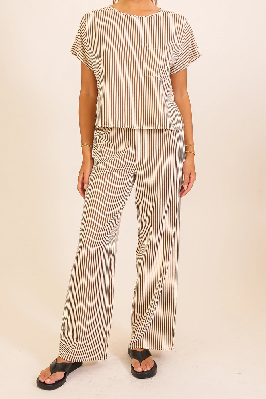 Brown and Taupe Striped Textured Top & Wide Leg Pant Set