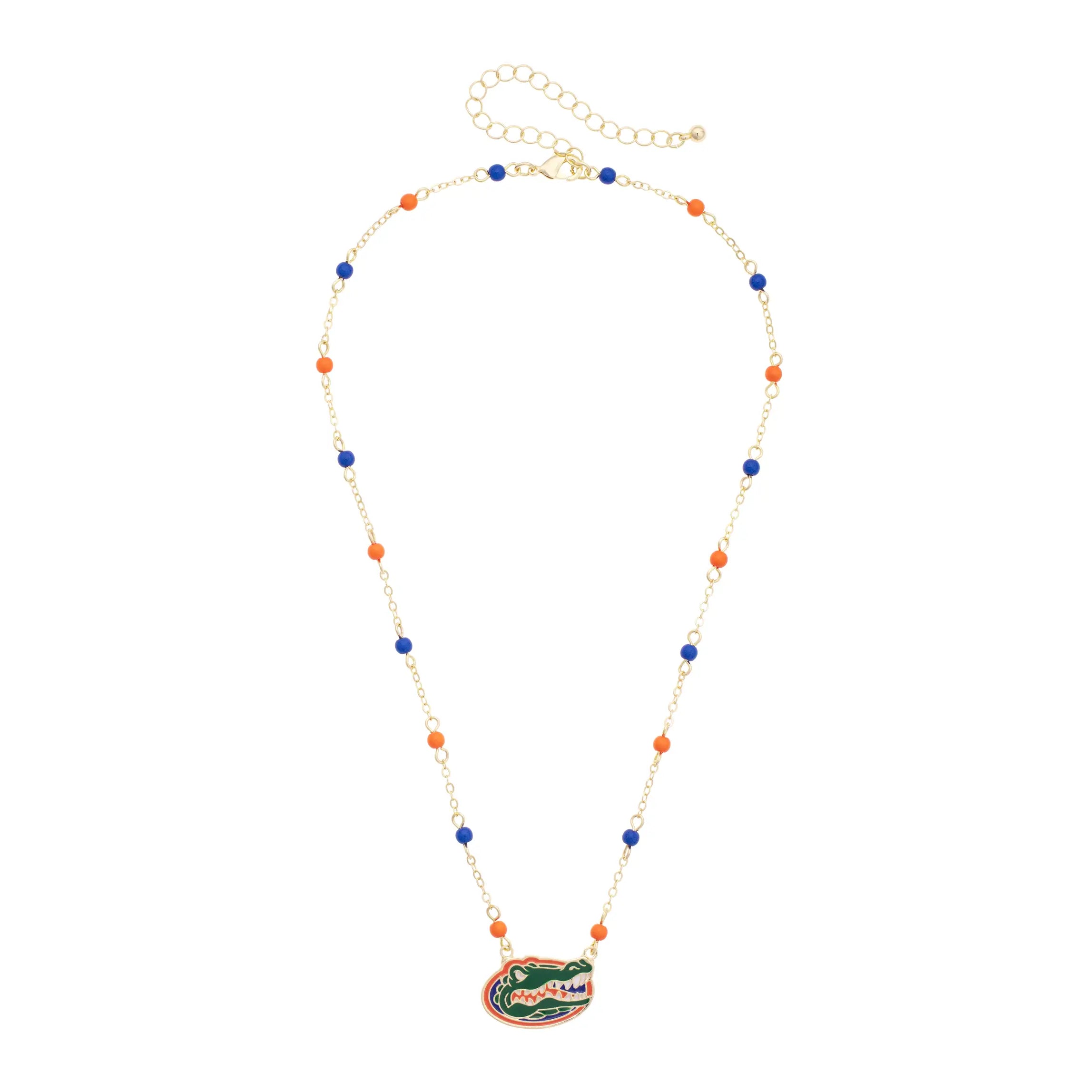 Layering necklace featuring the Florida Gators logo with orange and blue beads on an adjustable chain.