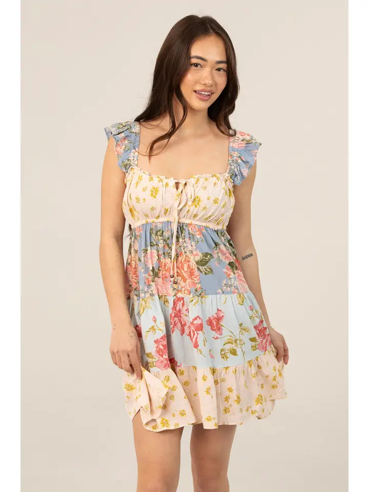 Multi Pattern Flutter Sleeve Tiered Short Dress
