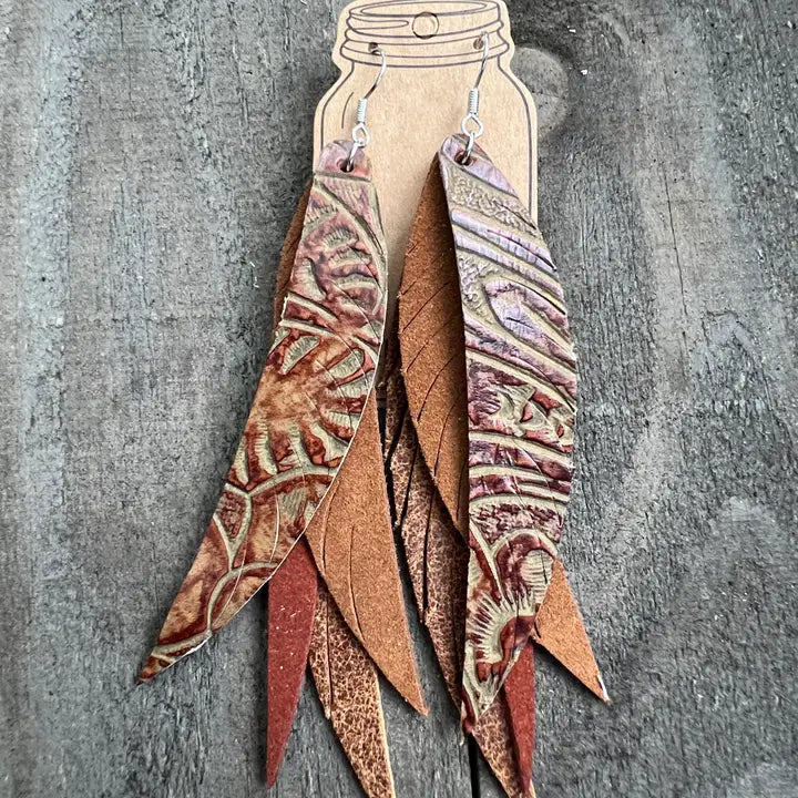 Western Tooled Saddle  Fringe Feather Leather Earrings