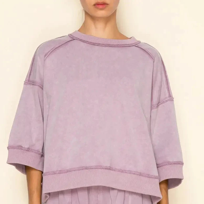 Lavender Washed Seamed Oversized Pullover Top