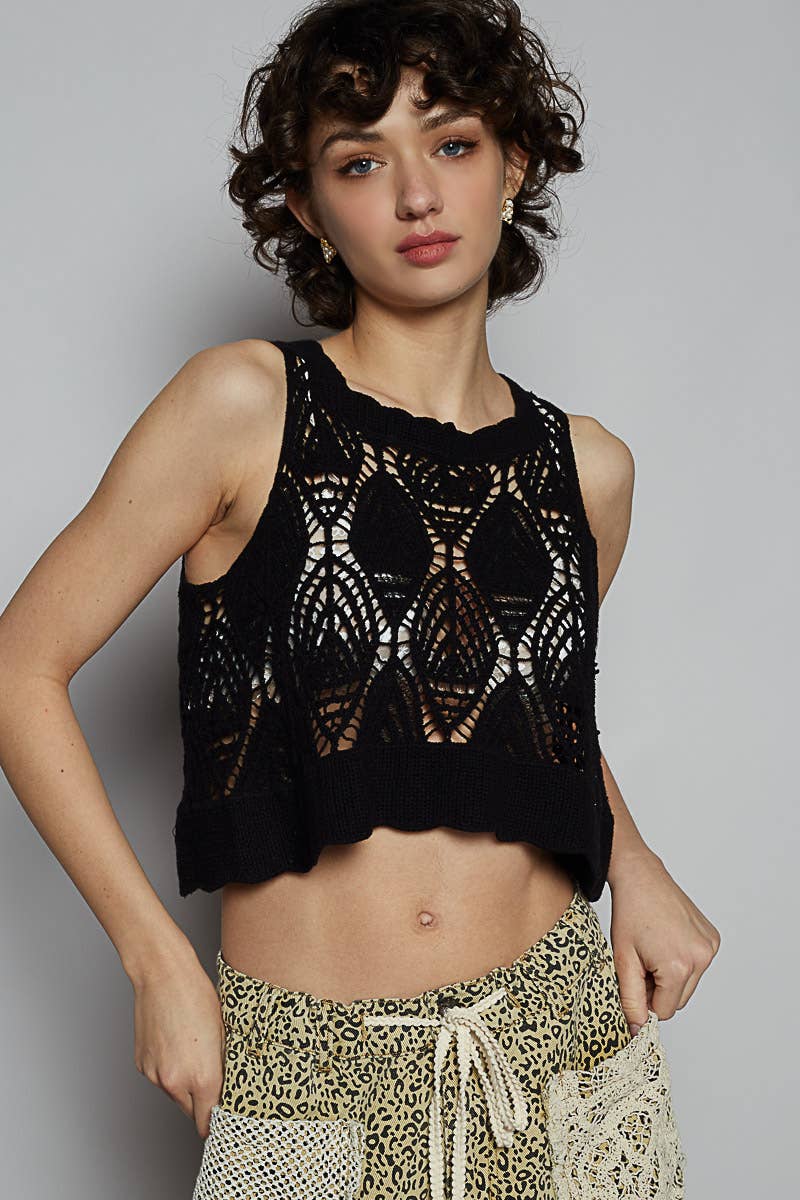 Black Cropped round neck sleeveless solid crochet top