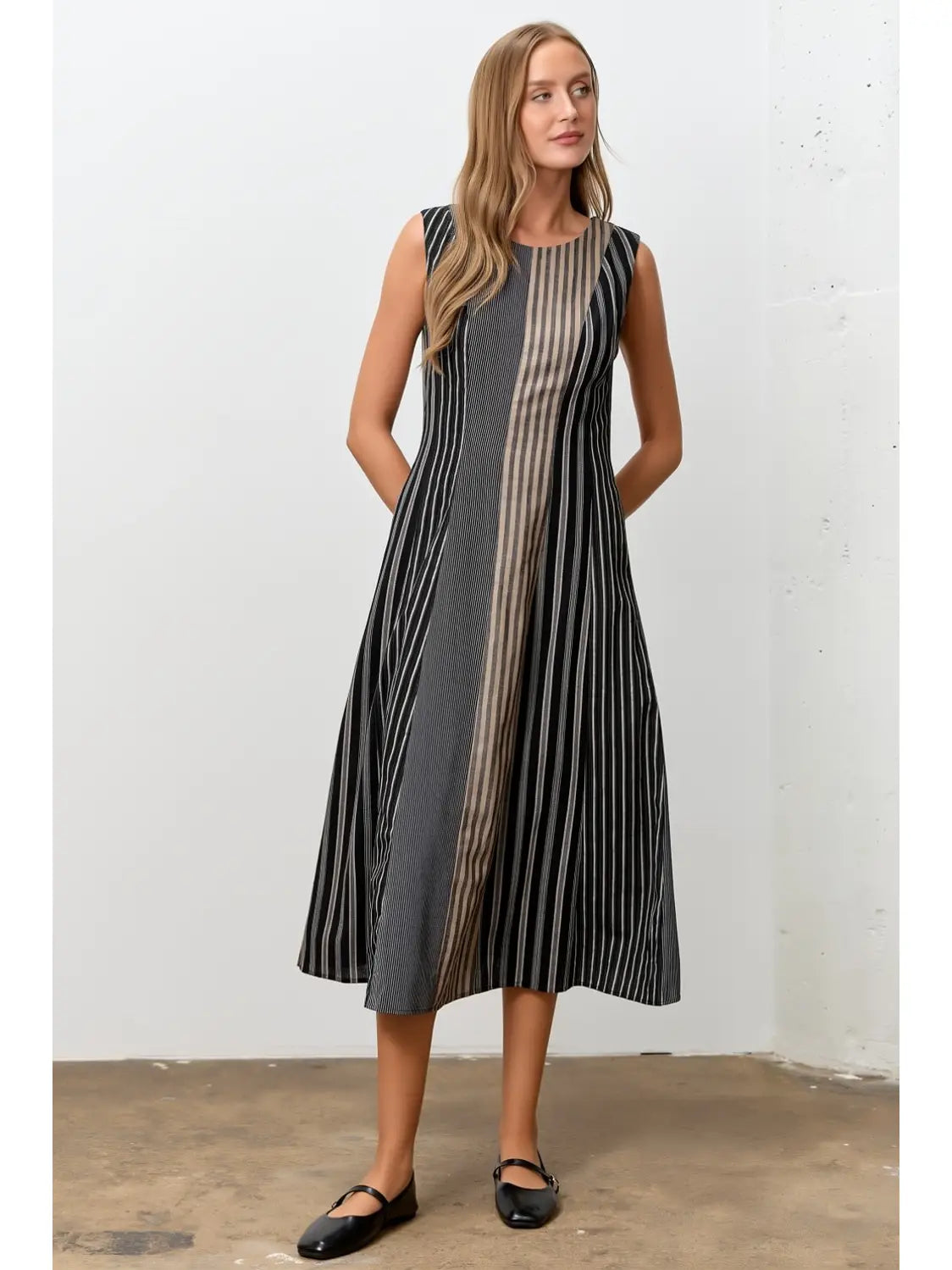 Black Multi Striped Sleeveless Midi Dress