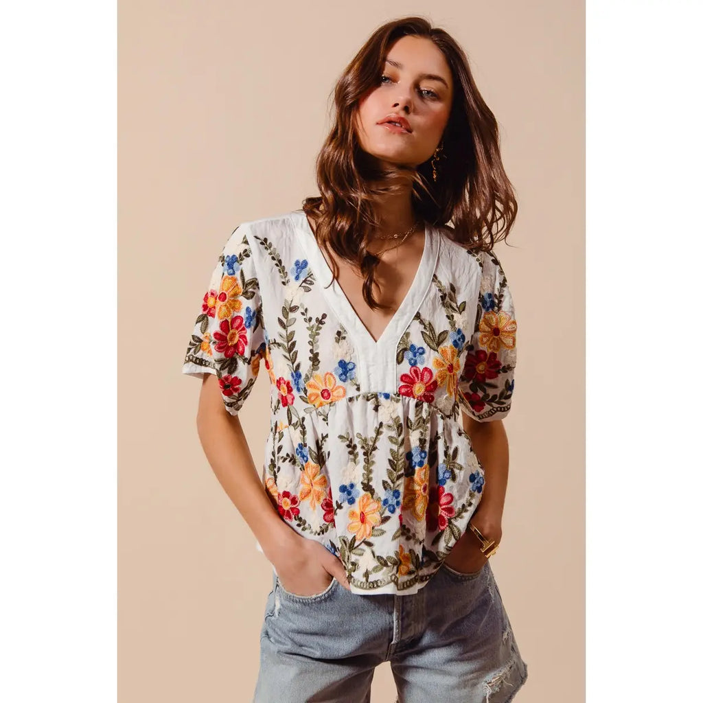 Floral Embroidered Baby Doll Blouse Top