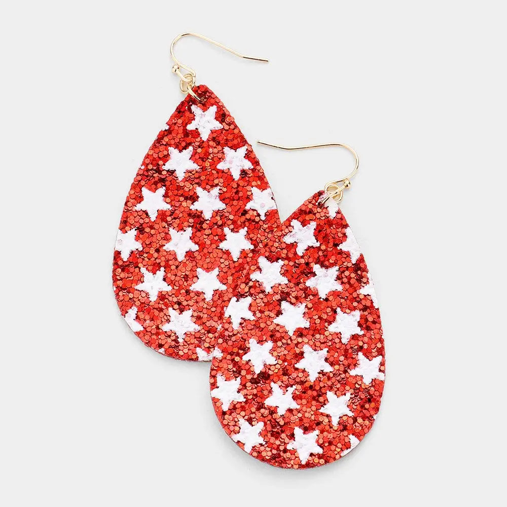 Red Bling Glitter Star Pattern Accented Teardrop Earrings