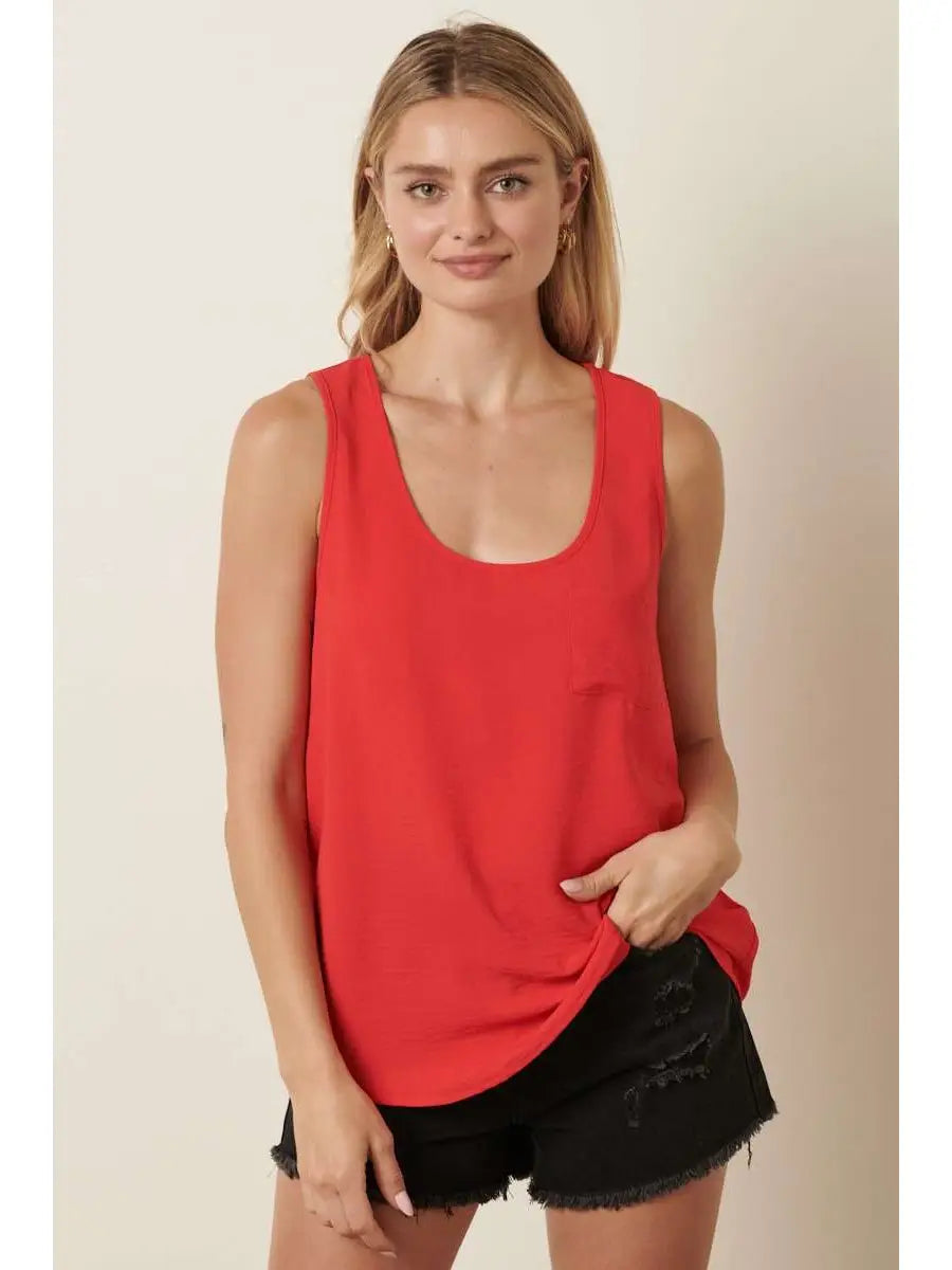 Red Scoop Neck Pocket Tank Blouse