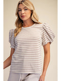 Beige Round Neck Puff Sleeve Stripe Top