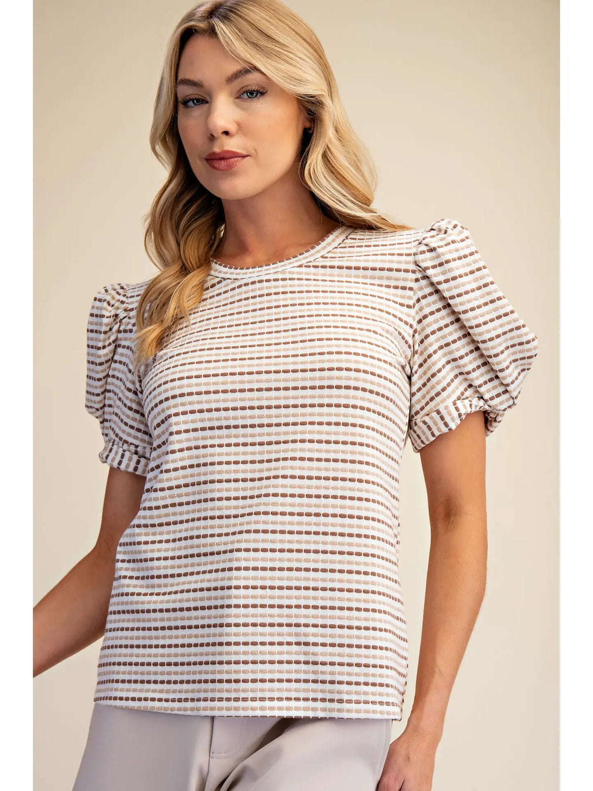 Beige Round Neck Puff Sleeve Stripe Top