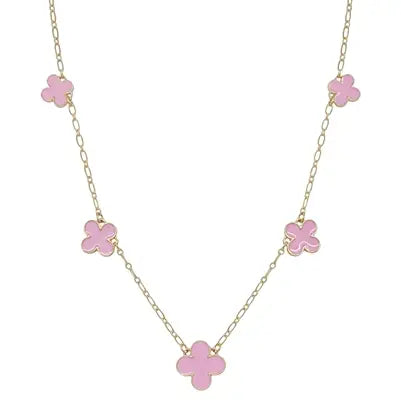 Pink Enamel Clover On Gold Chain 16"-18" Necklace