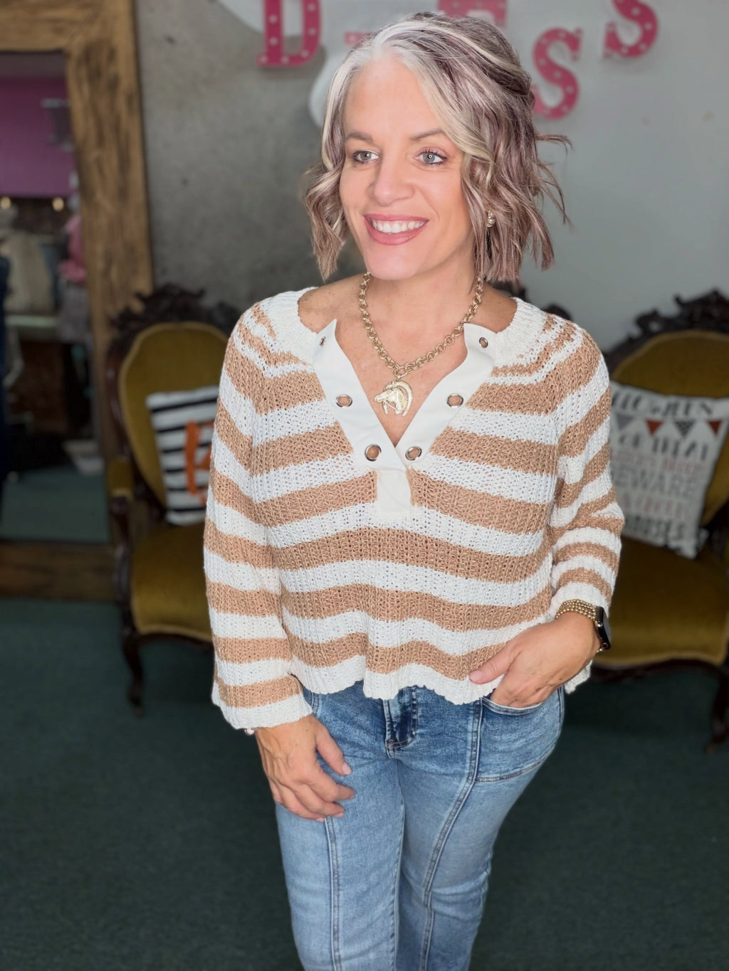 Taupe and Ivory Eyelet Placket Stripe Sweater Top