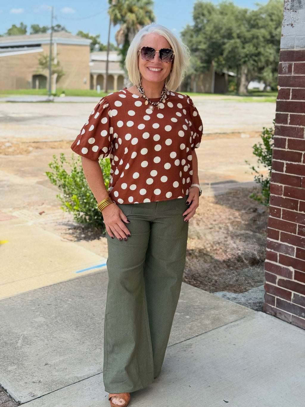 Brown and Off White Polka Dot Puff Sleeve Woven Blouse